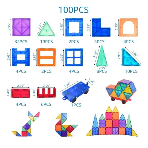 NEW 100 Pcs Magna Tiles Block Building Set For Kids Magnetic Building Toy Car - Picture 3 of 3